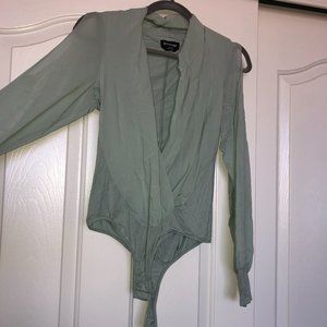 bebe Seafoam Long Sleeve Sheer Front Deep V